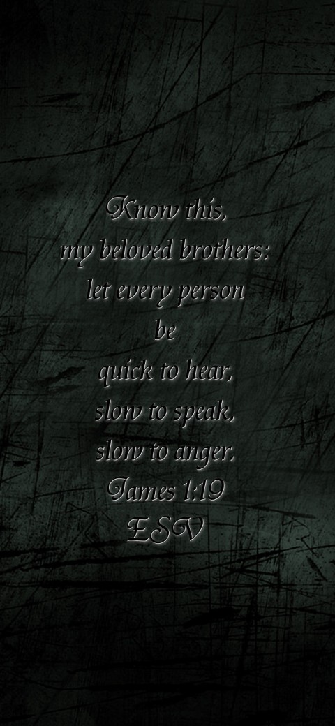 Know this,
my beloved brothers:
let every person
be
 quick to hear,
 slow to speak,
 slow to anger.
James 1:19
ESV Text Wallpaper