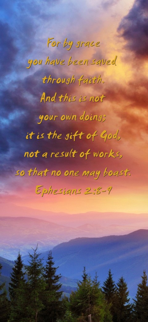 
For by grace
you have been saved
 through faith.
And this is not
 your own doing;
it is the gift of God,
not a result of works,
so that no one may boast.
Ephesians 2:8-9 Text Wallpaper