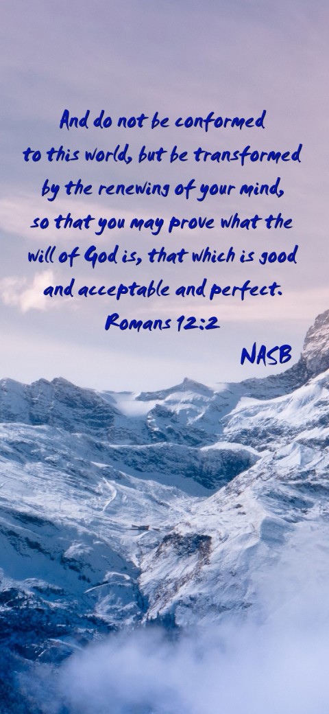 

And do not be conformed
to this world, but be transformed
by the renewing of your mind,
so that you may prove what the
will of God is, that which is good
and acceptable and perfect.
Romans 12:2
                           NASB Text Wallpaper