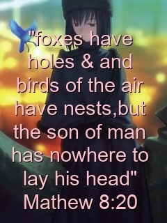 "foxes have holes & and birds of the air have nests,but the son of man has nowhere to lay his head"
Mathew 8:20 Text Wallpaper