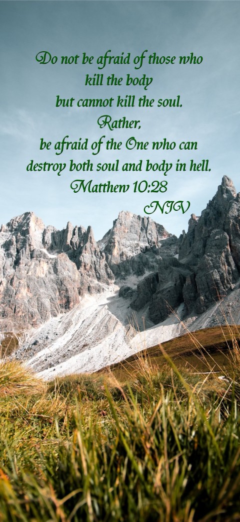 
Do not be afraid of those who
kill the body
but cannot kill the soul.
Rather,
be afraid of the One who can
destroy both soul and body in hell.
Matthew 10:28
                    NIV Text Wallpaper