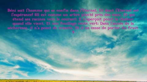 Béni soit l'homme qui se confie dans l'Eternel, Et dont l'Eternel est l'espérance! 8Il est comme un arbre planté près des eaux, Et qui étend ses racines vers le courant; Il n'aperçoit point la chaleur quand elle vient, Et son feuillage reste vert; Dans l'année de la sécheresse, il n'a point de crainte, Et il ne cesse de porter du fruit. 9 Text Wallpaper