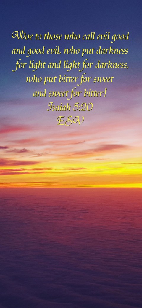
Woe to those who call evil good
 and good evil, who put darkness
  for light and light for darkness,
who put bitter for sweet
and sweet for bitter!
Isaiah 5:20
ESV Text Wallpaper